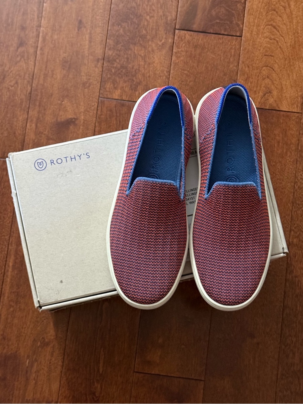 Rothy's Women's Red Knit Slip-On Sneakers with Blue Lining
